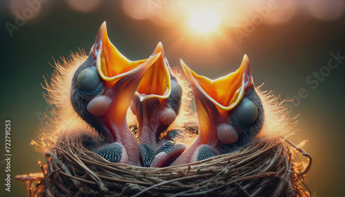 AI generated illustration of hungry baby birds in a nest open their beaks wide for feeding photo