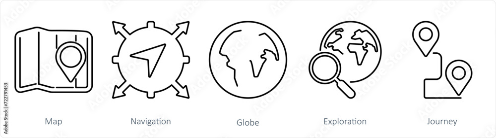 A set of 5 Adventure icons as map, navigation, globe A set of 5 Adventure icons as map, navigation, globe
