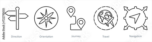 A set of 5 Adventure icons as direction, orientation, journey photo