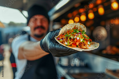 Food Truck Fiesta: Gloved Hand Holds Fresh Taco, Bursting with Colorful Ingredients photo