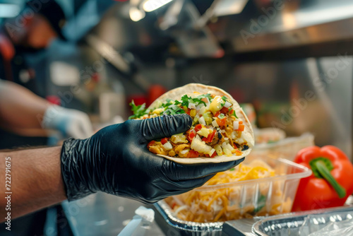 Gloved hand presents a fresh, colorful taco in a foodtruck setting