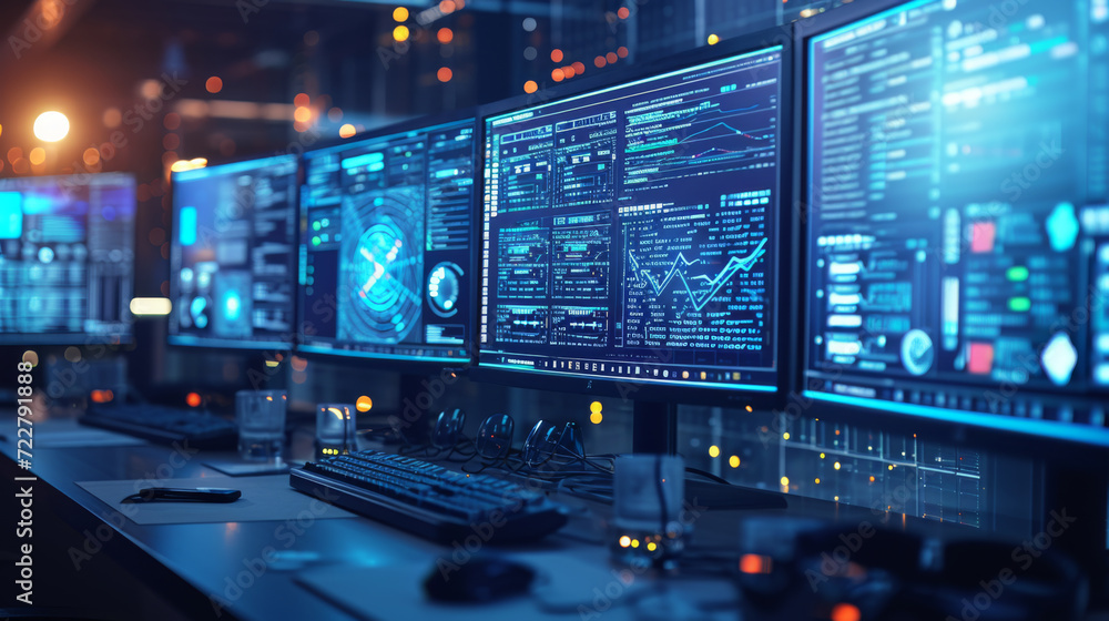 high-tech workstation with multiple computer monitors displaying graphs and analytical data high-tech workstation with multiple computer monitors displaying graphs and analytical data