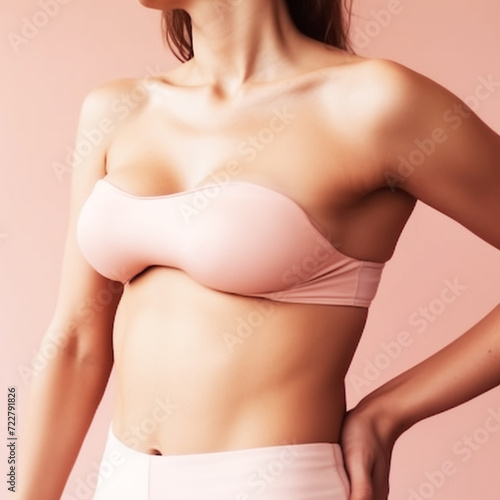 Thin young woman in underwear on beige background. Body and skin care, fitness.