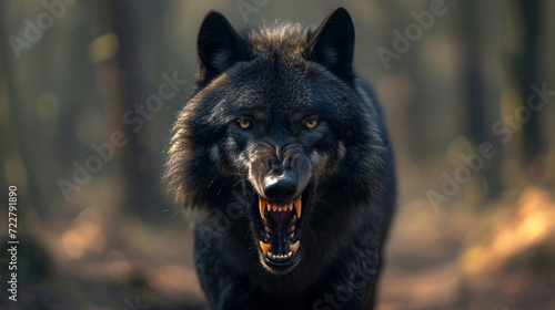 A closeup of a black roaring wolf with a huge mouth and teeth with a blurry background, generative ai