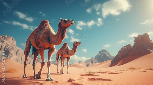 Camel caravan passing through the desert. African landscape.