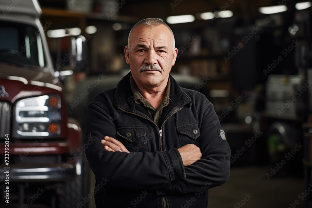 truck repair shop owner in uniform in the garage, truck on background truck repair shop owner in uniform in the garage, truck on background