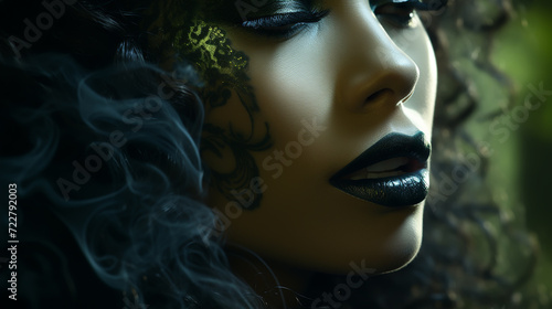 Macro and close-up creative make-up theme: beautiful female lips with a matte green lipstick