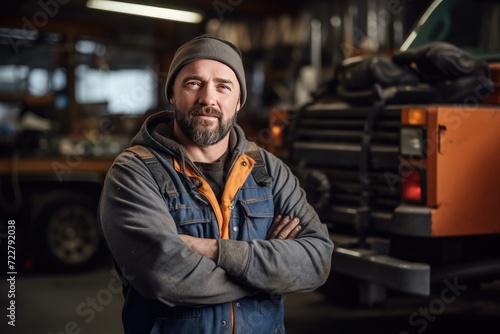 Wallpaper Mural truck repair shop owner in uniform in the garage, truck on background Torontodigital.ca