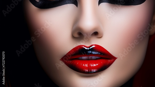 beautiful woman lips with red matt lipstick. Cosmetology  drugstore or fashion makeup concept. Beauty studio shot. Passionate kiss