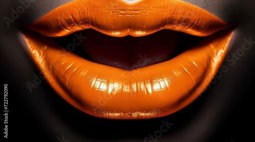 Macro and close-up creative make-up theme: beautiful female lips with black and orange lipstick and a drop of blood, halloween