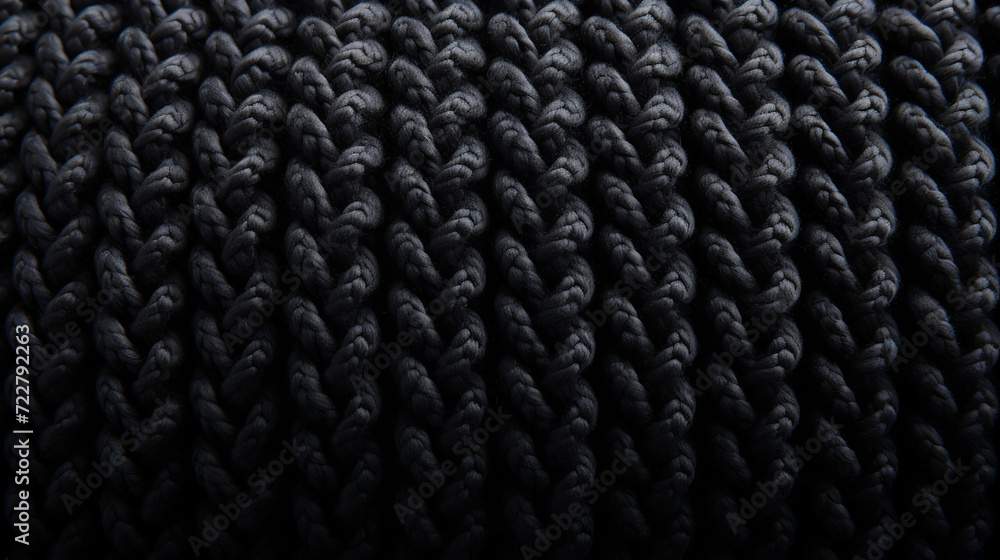 Fototapeta premium Black knit cloth structure macro close up view. Texture of clean cotton background