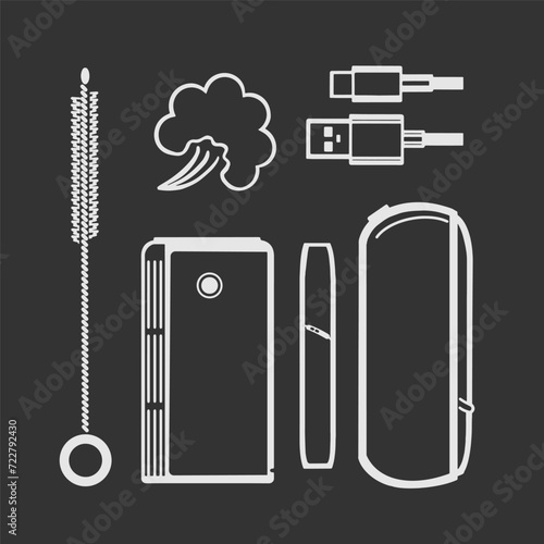 Electronic cigarettes, tobacco heaters and accessories. Doodle style. Vape shop icons. Isolated dark background. Vector.