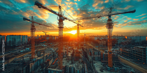 Sunset over construction site with multiple cranes.