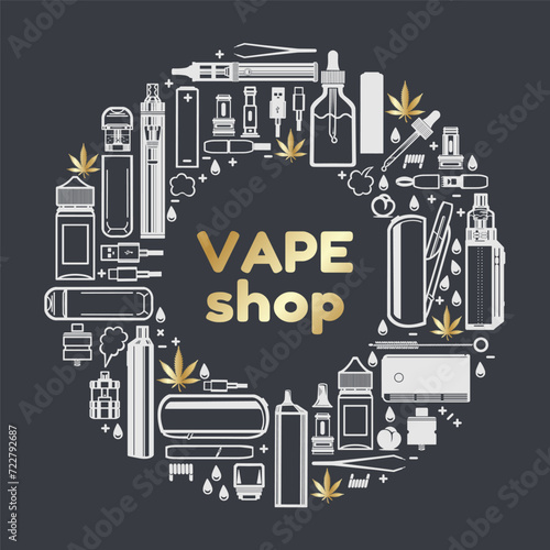 Vape shop round frame for product design. Cigarettes, liquid vaporizers, marijuana leaf. Vector isolated on dark background.