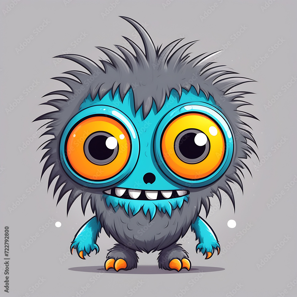 Furry monster with big eyes on a gray background