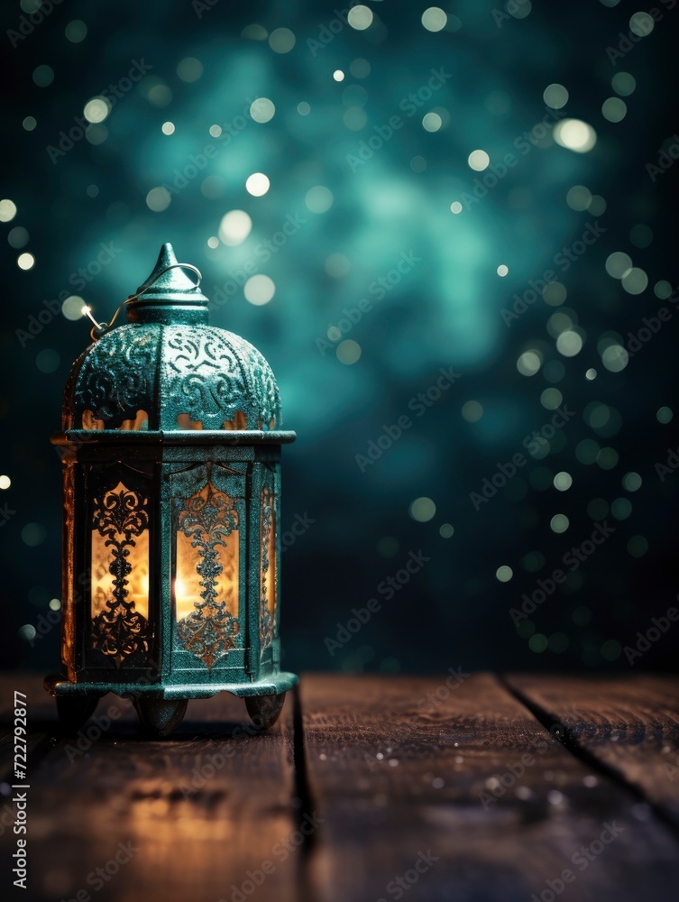 Arabic lantern on a wooden table surrounded by clouds and dew with a background of leaves at night and the moon, turquoise green, copy space - generative ai