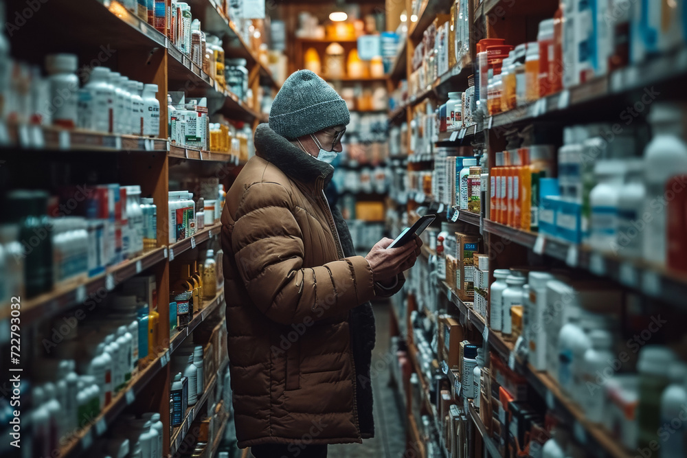 Man in winter coat and mask using phone in pharmacy.
