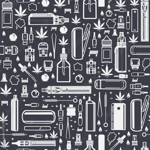 Seamless pattern of icons of electronic cigarettes and accessories. Background for vape shop. Vector illustration. Vape, liquid, cannabis leaf icons. White silhouettes on a dark background. Vector. 