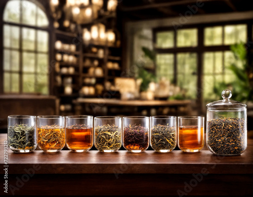 Tea factory. Set of variety ceylon teas on wooden table in meeting room at manufacturing plant in Sri Lanka. Demonstration tea for client. Production concept. High quality photo. Copy ad text space
