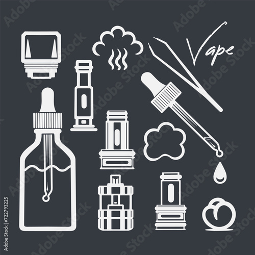 Different types of evaporators, a drop of liquid from a pipette, cotton wool and other accessories. Vape shop icons. Isolated on dark background. Vector. 