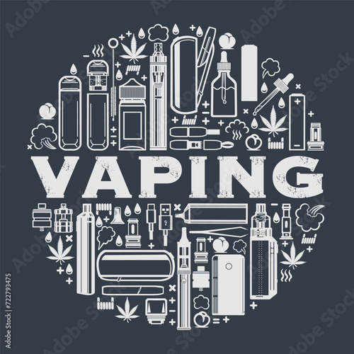  Vaping round frame for product design. Cigarettes, liquid vaporizers, marijuana leaf. Vector isolated on dark background.