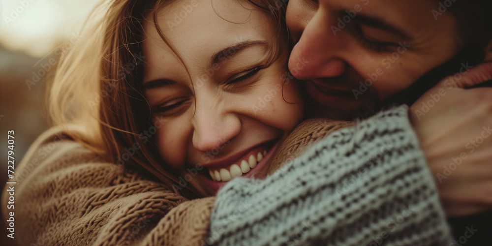 A close up of a loving couple in a warm embrace, sharing a laugh outdoors, radiating happiness and affection.
A close up of a loving couple in a warm embrace, sharing a laugh outdoors, radiating happiness and affection.