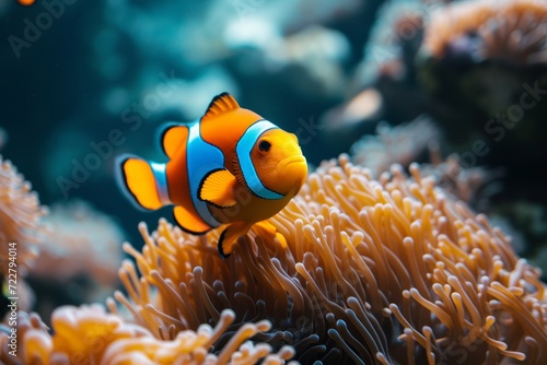 clown fish swimming in coral reef. 