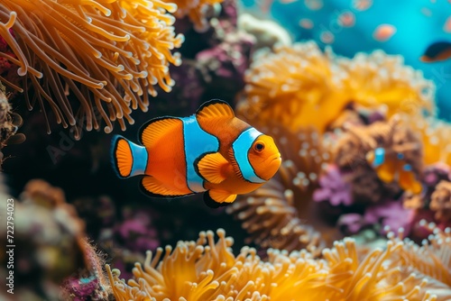 Colorful clown fish swimming in the sea. Ideal for marine life websites, aquarium advertisements, and naturethemed designs. 