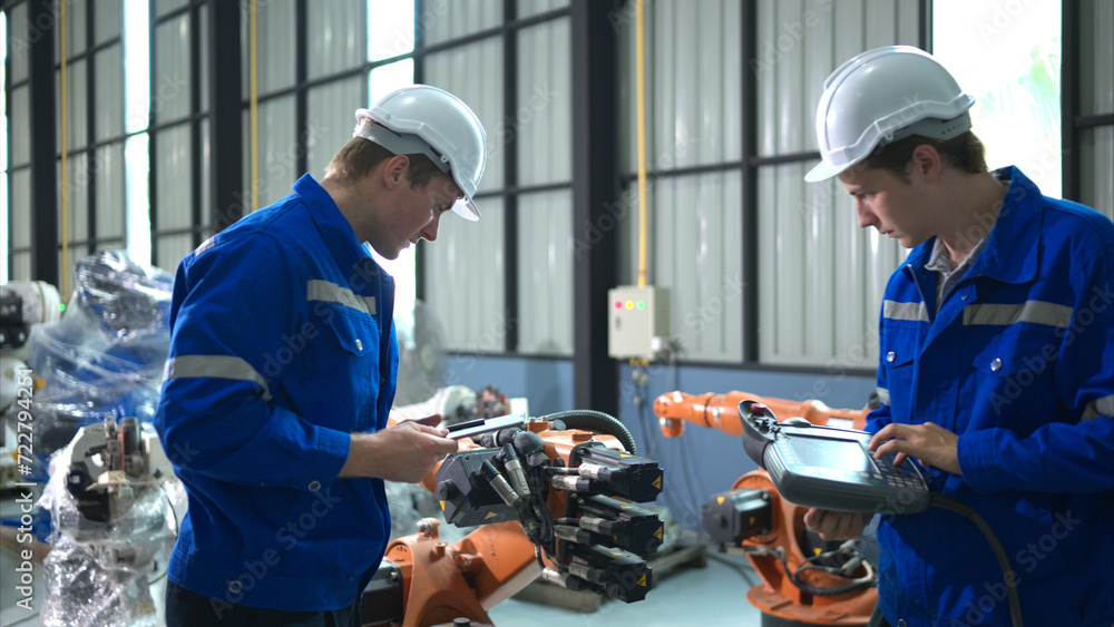 Engineer and technician working with robot arm in factory. Industry and engineering concept. Engineer and technician working with robot arm in factory. Industry and engineering concept.