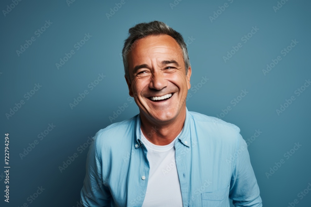 Portrait of a happy mature man laughing and looking at camera against blue background Portrait of a happy mature man laughing and looking at camera against blue background