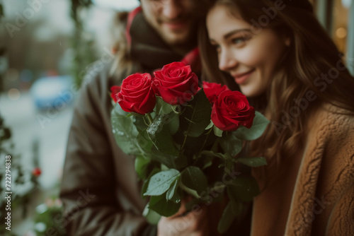 Giving roses to each other on a special day that symbolizes love, Valentine's Day.