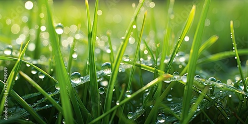 Dew on Green Grass in Sunlight, Morning Sun, Wet Lush Green Grass, Summer Lawn after Rain