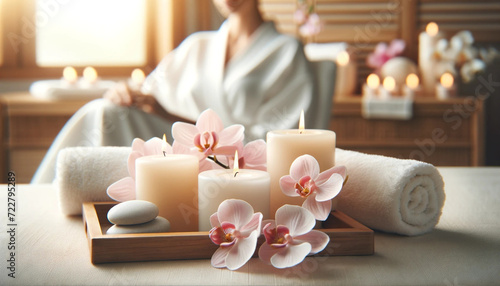 Serene Spa Setting with Candles and Orchids, A tranquil spa atmosphere with lit candles, delicate orchids, and a woman relaxing in the background, perfect for wellness and self-care. 