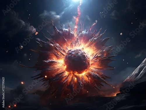 Dramatic Celestial Burst: Intense Light and Energy Illuminate Cosmic Chaos, a Captivating Dance of Destruction Unfolding, generative AI