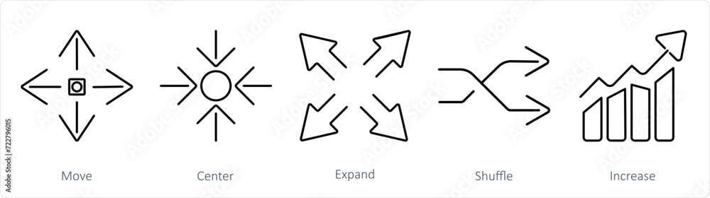 A set of 5 arrows icons as move, center, expand A set of 5 arrows icons as move, center, expand