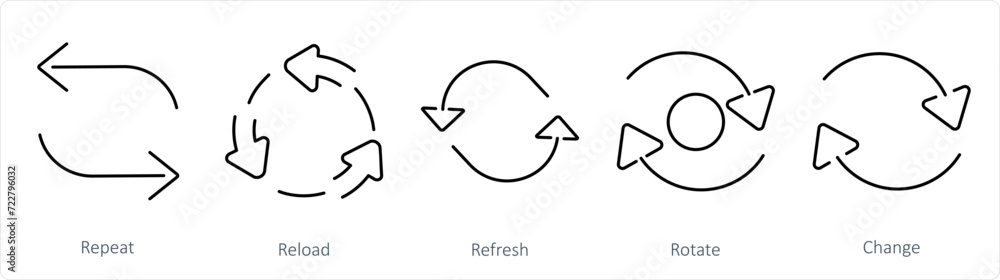 A set of 5 arrows icons as repeat, reload, refresh A set of 5 arrows icons as repeat, reload, refresh