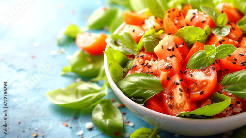 A fresh tomato and basil salad sprinkled with sesame seeds in a white bowl photo