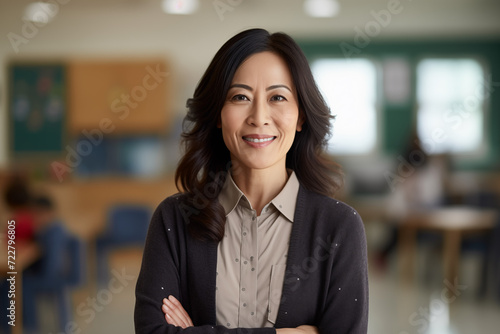Smiling asian women teacher in a classroom. Asian teacher in a room. Lady teacher. At work. AI.  