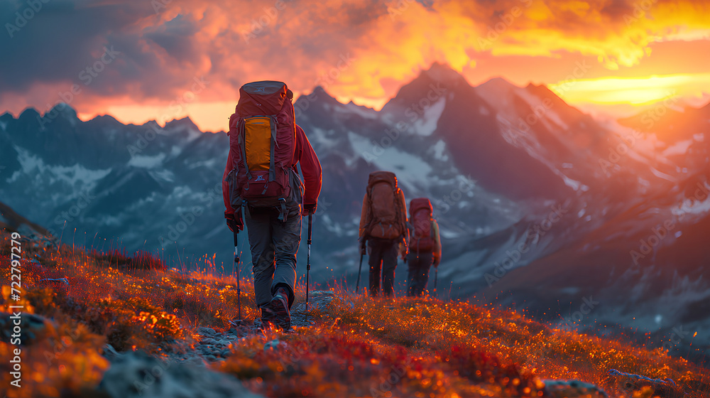 A group of hikers with backpacks treks towards the setting sun amidst the majestic mountains, embarking on an epic journey.
 - obrazy, fototapety, plakaty 