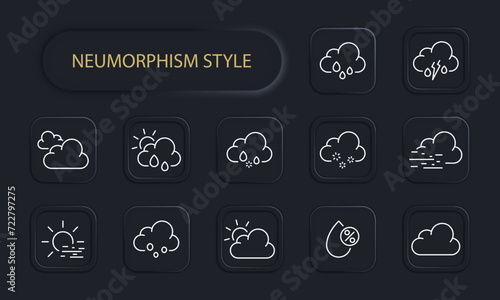 Clouds line icon. Rain, thunderstorm, sky, clouds, sun, thunder, hail, lightning, bad weather, downpour. Neomorphism style. Vector line icon for business and advertising