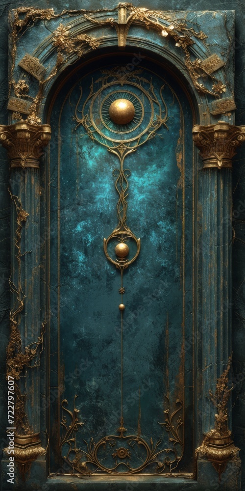 Plate with Branches in the Style of Dark Cyan and Gold - Hyperrealistic Fantasy layered Venee in Industrial Texture Columns and Totems Background Style created with Generative AI Technology