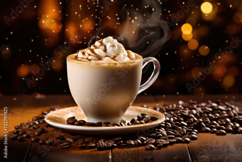 A steaming hot cappuccino with the foam  sprinkles of cocoa  and coffee beans levitating  set against a caf  -style backdrop