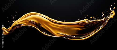 Gold color acrylic paint flowing down over a black background, dripping golden liquid. Digital art, Ai Generated.