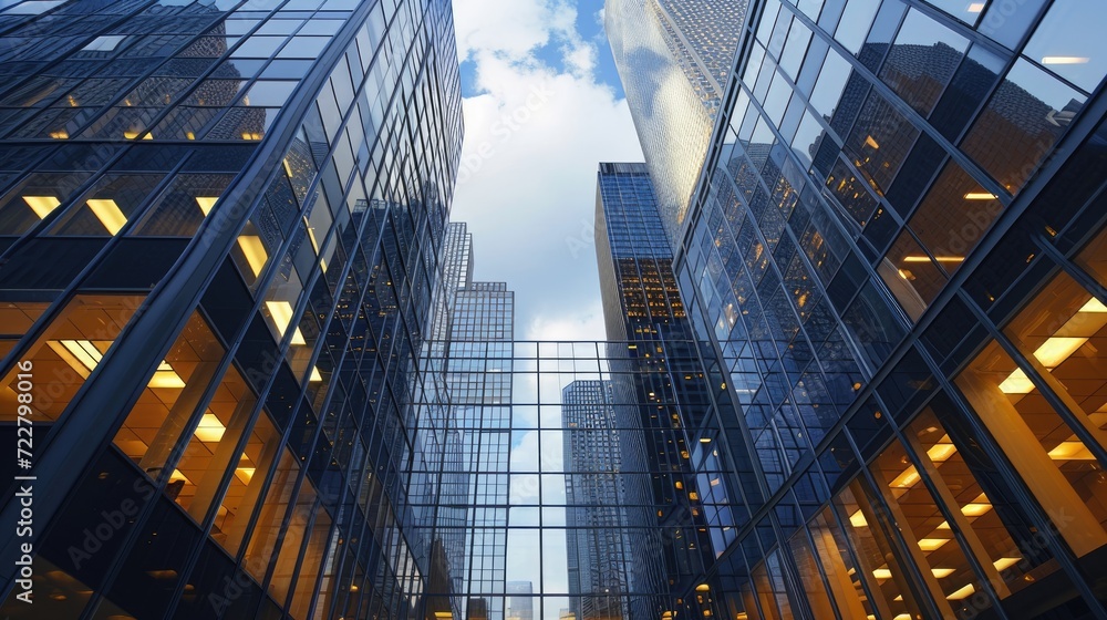 Naklejka premium Reflective skyscrapers standing tall, representing the dynamic business office buildings, Ai Generated