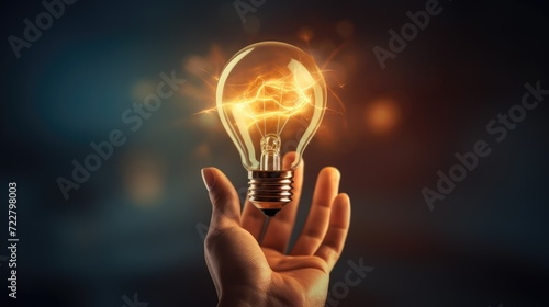 A new idea concept captured with a bright lightbulb standing upright in a human palm, Ai Generated
