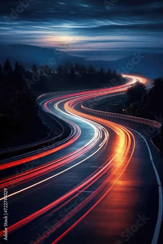 Cars' light trails on a curved asphalt road at night, a mesmerizing urban scene, Ai Generated.