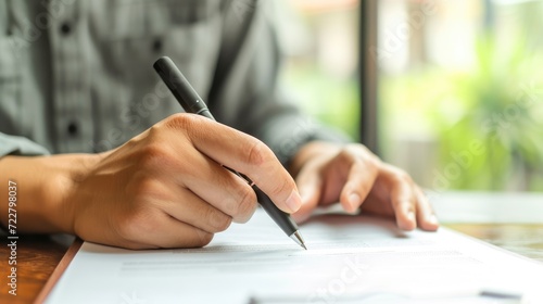 A young man's hand holding a pen, pointing to a document and marking a correct sign, Ai Generated photo