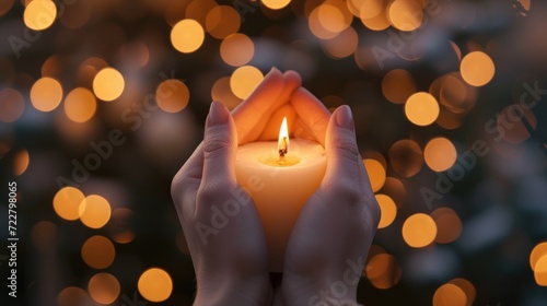 Two hands holding a lit candle amidst a dreamy bokeh background. Ai Generated
