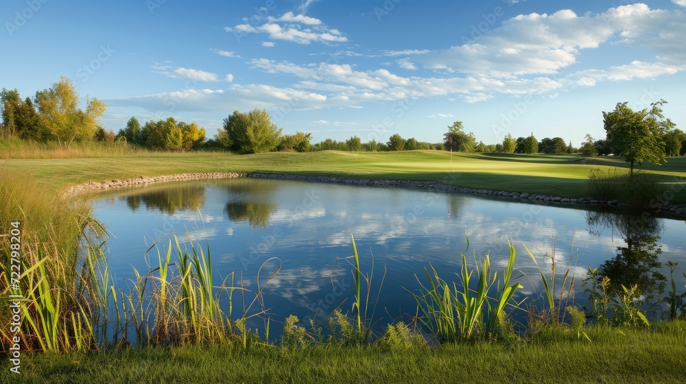 Enjoy the serenity of a pond with a scenic golf course backdrop, a harmonious blend of recreation and nature. Ai Generated. Enjoy the serenity of a pond with a scenic golf course backdrop, a harmonious blend of recreation and nature. Ai Generated.