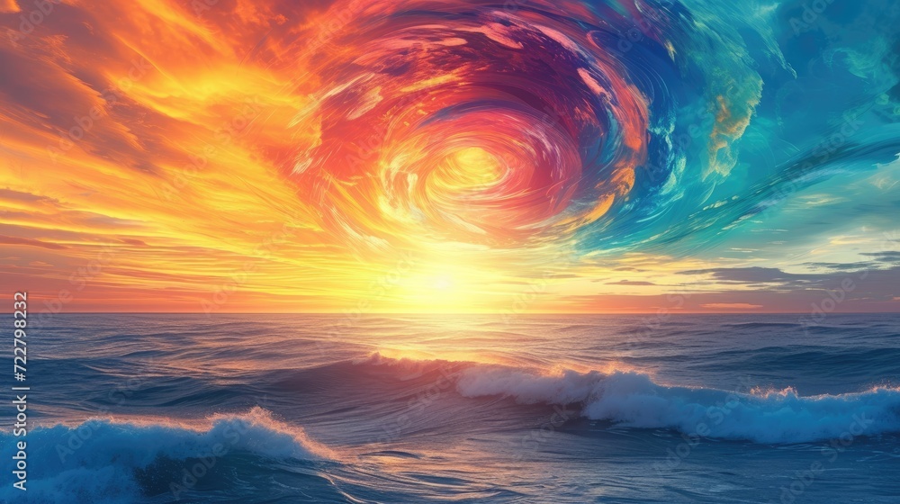 Experience the magic of a sunset over the ocean, with a vibrant, swirling display of colors in the horizon. Nature's canvas. Ai Generated. Experience the magic of a sunset over the ocean, with a vibrant, swirling display of colors in the horizon. Nature's canvas. Ai Generated.
